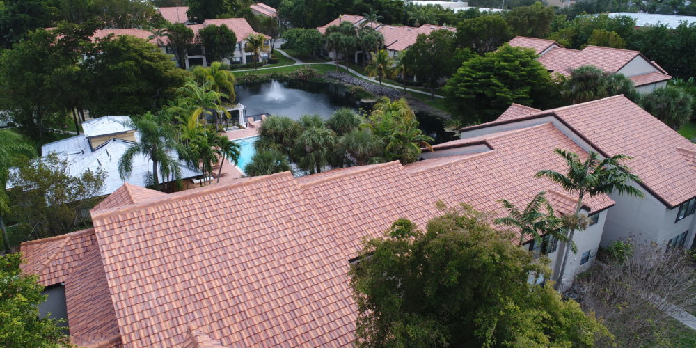 Aerial view of the new roof on Oasis Condominiums