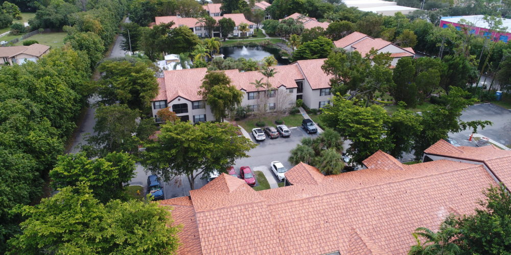 Aerial view of the new roof on Oasis Condominiums